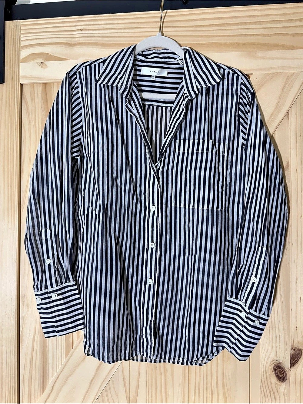 FRAME Oversized Pocket Shirt in Black & White Size XS Like New